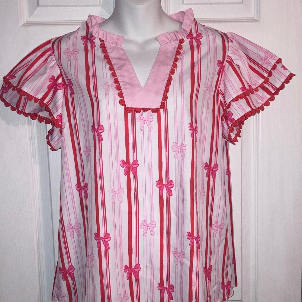 Women’s Ric-Rac Trim Sleeve Pink & Red Bow Stripe Ruffle Sleeve Blouse L New